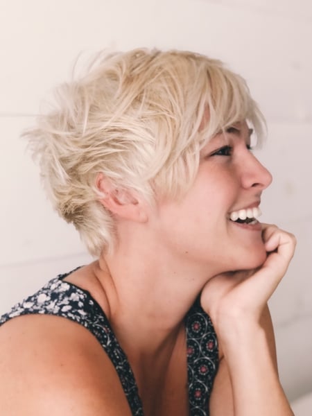Image of  Women's Hair, Blonde, Hair Color, Full Color, Short Ear Length, Hair Length, Pixie, Layered, Haircuts, Beachy Waves, Hairstyles