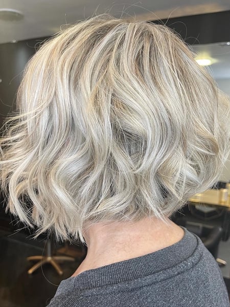 Image of  Women's Hair, Blowout, Hair Color, Balayage, Blonde, Fashion Color, Foilayage, Full Color, Highlights, Silver, Short Ear Length, Hair Length, Shoulder Length, Blunt, Haircuts, Bob, Curly, Layered, Beachy Waves, Hairstyles