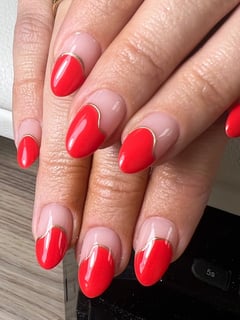 View Manicure, Nails, Nail Length, Short, Nail Art, Nail Style, French Manicure, Hand Painted, Nail Color, Pink, Red, Gold, Gel, Nail Finish, Round, Nail Shape, Almond - Lisa Selenschek, Grayslake, IL