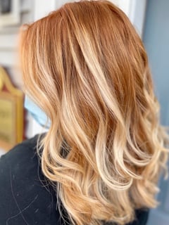 View Women's Hair, Curls, Hairstyle, Beachy Waves, Haircut, Layers, Hair Length, Long Hair (Upper Back Length), Red, Foilayage, Blonde, Hair Color, Balayage - Rachel Parr, Bedford, NH