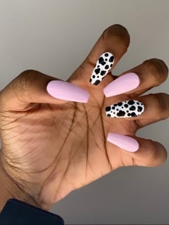 View Nails, Manicure, Medium, Nail Length, Nail Color, Pink, White, Black, Hand Painted, Nail Style, Ballerina, Nail Shape, Coffin - Cadence Smith, New York, NY