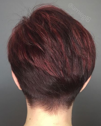 Image of  Women's Hair, Hair Color, Fashion Color, Red, Short Ear Length, Hair Length, Pixie, Blunt, Haircuts