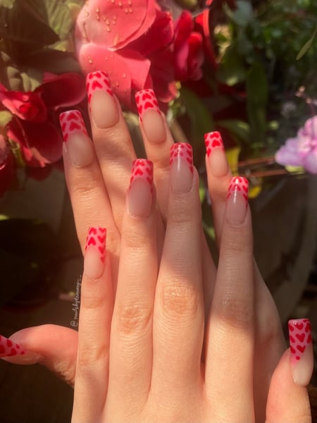 Image of  Medium, Nail Length, Nails, Long, Nail Art, Nail Style, Hand Painted, French Manicure, Pink, Nail Color, Red, Beige, Gel, Nail Finish, Manicure, Square, Nail Shape