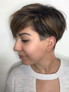 View Haircut, Shaved (Women's Haircut), Short Hair (Ear Length), Pixie, Highlights, Hair Color, Blonde, Women's Hair - Francesca , Phoenix, AZ