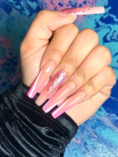 Image of  Nails, Acrylic, Nail Finish, Long, Nail Length, Pink, Nail Color, Nail Art, Nail Style, Reverse French, Ombré, French Manicure, Hand Painted, Nail Jewels