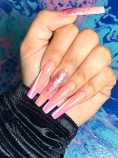 View Nails, Acrylic, Nail Finish, Long, Nail Length, Pink, Nail Color, Nail Art, Nail Style, Reverse French, Ombré, French Manicure, Hand Painted, Nail Jewels - Polishedbypaola , Stockton, CA