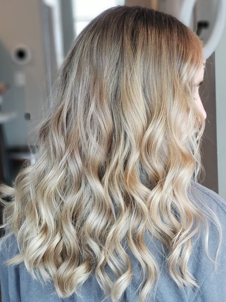 Image of  Women's Hair, Balayage, Hair Color, Blonde, Foilayage, Highlights, Long Hair (Upper Back Length), Hair Length, Curly, Haircut, Beachy Waves, Hairstyle