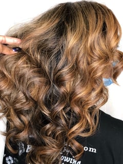 View Women's Hair, Balayage, Hair Color, Brunette, Foilayage, Highlights, Medium Length, Hair Length, Haircuts, Layered, Curly, Hairstyles, Curly - Lay’la Zhané, Euless, TX