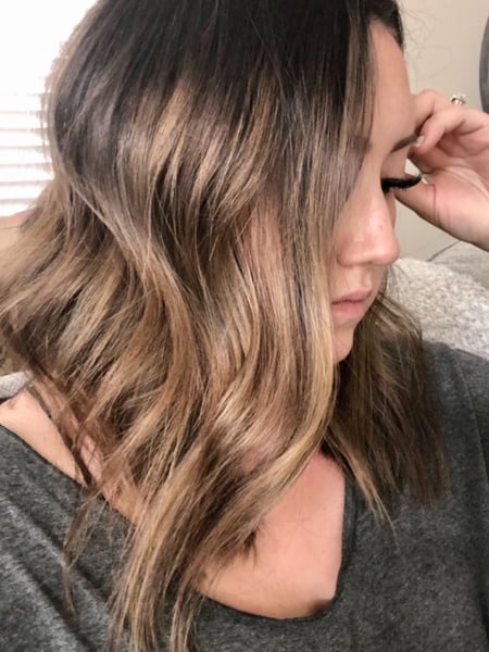 Image of  Women's Hair, Balayage, Hair Color, Foilayage, Ombré, Shoulder Length, Hair Length, Bob, Haircuts, Layered, Beachy Waves, Hairstyles, Curly