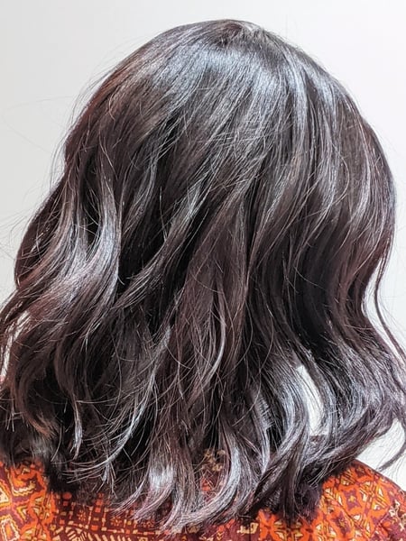 Image of  Women's Hair, Hair Color, Balayage, Brunette, Fashion Color, Foilayage, Highlights, Hair Length, Short Chin Length, Shoulder Length, Haircuts, Blunt, Bob, Layered, Beachy Waves, Hairstyles