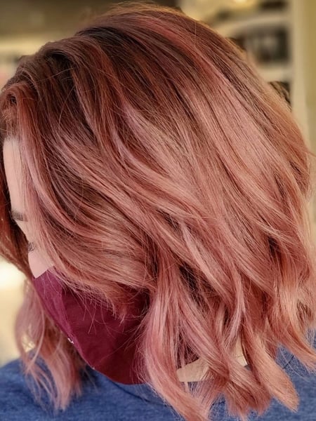 Image of  Women's Hair, Balayage, Hair Color, Red, Shoulder Length, Hair Length, Blunt, Haircuts, Beachy Waves, Hairstyles