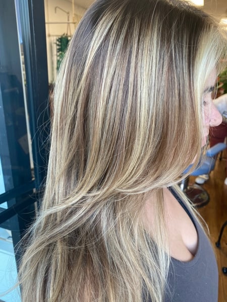 Image of  Layered, Haircuts, Women's Hair, Bangs, Curly, Blowout, Permanent Hair Straightening, Keratin, Hairstyles, Curly, Straight, Natural, Hair Extensions, Hair Color, Brunette, Foilayage, Highlights, Color Correction, Full Color, Ombré, Blonde, Balayage, Medium Length, Hair Length, Hair Restoration, Long, Shoulder Length
