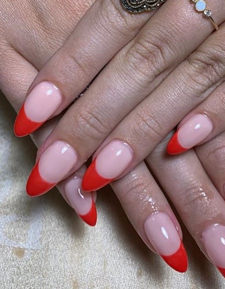 Image of  Nails, Beige, Nail Color, Red, Gel, Nail Finish, Long, Nail Length, Almond, Nail Shape, French Manicure, Nail Style