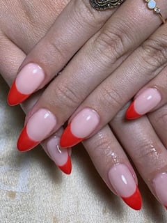 View Nail Length, Long, Nail Style, Nails, Beige, Nail Color, Red, Gel, Nail Finish, French Manicure, Nail Shape, Almond - Tracy Shoup, Phoenix, AZ