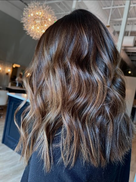 Image of  Natural, Balayage, Brunette, Blowout, Long, Hairstyles, Beachy Waves, Curly, Straight, Women's Hair, Hair Color, Hair Length, Medium Length, Foilayage