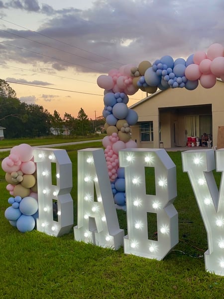 Image of  Balloon Decor, Arrangement Type, Balloon Garland, Balloon Arch, Event Type, Baby Shower, Colors, Blue, Pink, Pastel, Accents, Lighted Signs, Beige