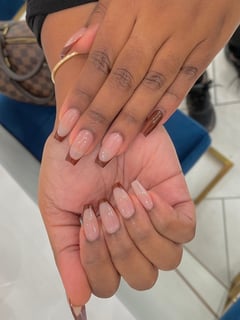 View Nails, Gel, Nail Finish, Medium, Nail Length, Beige, Nail Color, Brown, French Manicure, Nail Style, Nail Art, Coffin, Nail Shape - Bobby Vo, Chicago, IL
