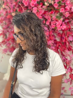 View Long, Hair Length, Women's Hair, Layered, Haircuts, Curly, Brunette, Hair Color, Balayage, Curly, Hairstyles, Natural, 3A, Hair Texture - Kimberly Morera, Clifton, NJ