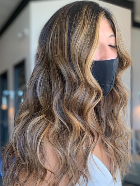 Image of  Women's Hair, Balayage, Hair Color, Brunette Hair, Blonde, Foilayage, Hair Length, Long Hair (Mid Back Length), Long Hair (Upper Back Length), Beachy Waves, Hairstyle