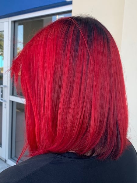 Image of  Women's Hair, Hair Color, Fashion Color, Red, Shoulder Length, Hair Length, Blunt, Haircuts, Bob, Straight, Hairstyles