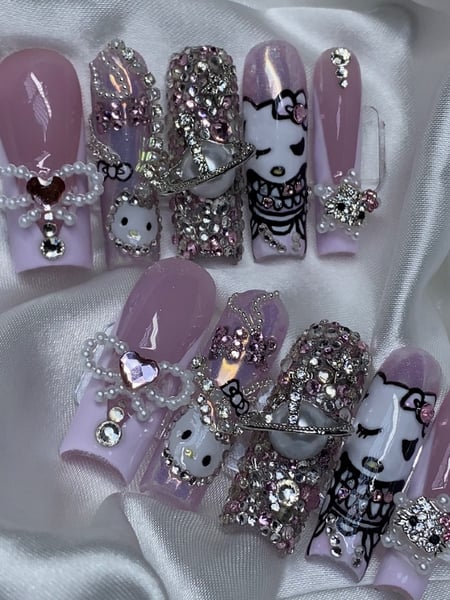 Image of  Nails, White, Nail Art, Gel, Pink, Black, 3D, Hand Painted, Nail Style, Nail Color, Nail Jewels, Nail Length, Manicure, French Manicure, Nail Finish, Mirrored, Accent Nail, Nail Shape, Square, XL, Nail Service Type
