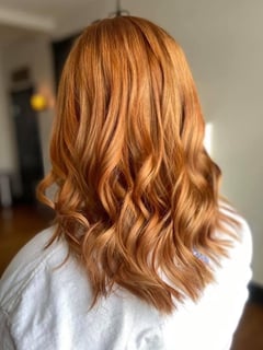 View Hair Color, Curls, Hairstyle, Beachy Waves, Haircut, Layers, Hair Length, Shoulder Length Hair, Full Color, Red, Women's Hair - Ashley Ewing, Terre Haute, IN