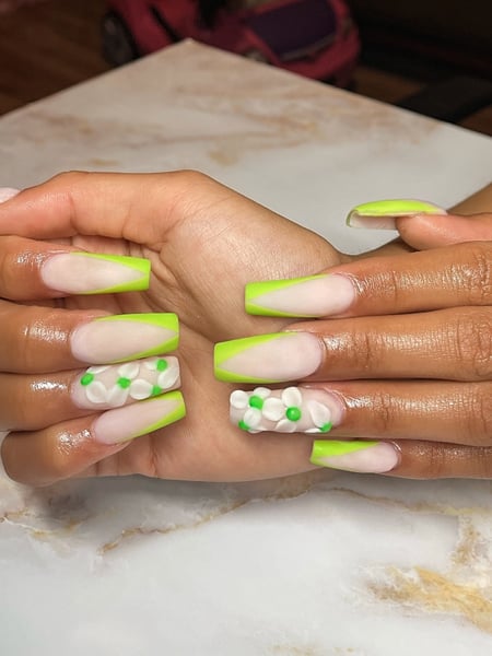 Image of  Manicure, White, Light Green, Green, Gel, Nail Finish, Acrylic, Coffin, Nail Shape, Nails, Nail Length, Long, Nail Art, Nail Style, Mix-and-Match, 3D, Hand Painted, French Manicure, Matte, Nail Color