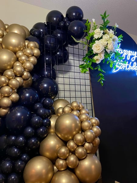 Image of  Lighted Signs, Banner, Balloon Decor, Arrangement Type, Balloon Garland, Balloon Arch, Event Type, Birthday, Colors, Gold, Black, Accents, Flowers