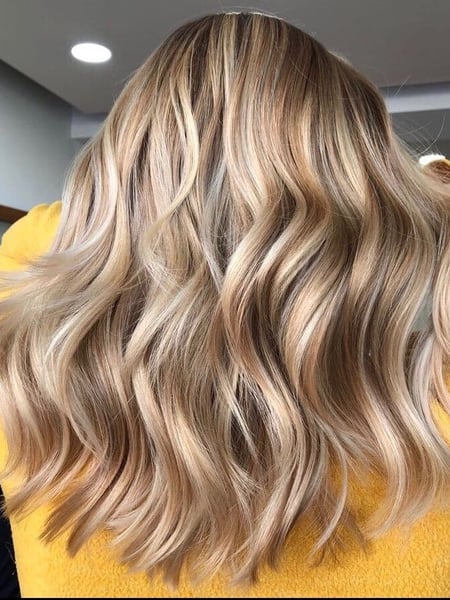 Image of  Women's Hair, Blowout, Hair Color, Balayage, Blonde, Color Correction, Fashion Color, Foilayage, Highlights, Hair Length, Shoulder Length, Hairstyles, Beachy Waves