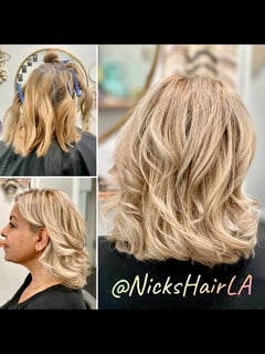 View Women's Hair, Beachy Waves, Hairstyle, Curls, Blonde, Hair Color, Highlights, Blunt (Women's Haircut), Haircut - Nickolas Teague, Burbank, CA