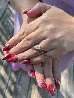View Nails, Acrylic, Nail Finish, Gel, Medium, Nail Length, Red, Nail Color, Almond, Nail Shape - Grace Thomsen, West Des Moines, IA