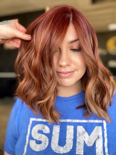 Image of  Haircuts, Bob, Red, Balayage, Hairstyles, Beachy Waves, Curly, Women's Hair, Hair Color, Highlights, Layered, Hair Length, Curly, Color Correction, Short Ear Length, Shoulder Length, Foilayage