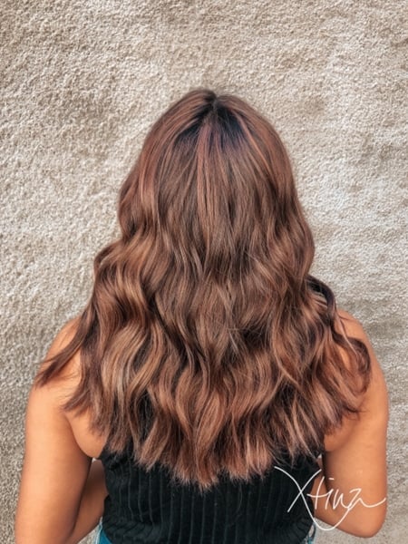 Image of  Women's Hair, Hair Color, Balayage, Brunette, Foilayage, Highlights, Hair Length, Medium Length, Shoulder Length, Layered, Haircuts, Hairstyles, Beachy Waves, Curly
