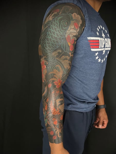 Image of  Tattoos, Tattoo Style, Tattoo Bodypart, Tattoo Colors, Japanese, Line Art, Neo Traditional, Arm , Black , Blue, Light Green, Orange , Pink , White , Yellow 