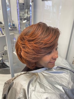 View Women's Hair, Hair Color, Highlights, Red, Fashion Color, Shoulder Length, Hair Length, Blunt, Haircuts, Bob, Curly, Natural, Hairstyles, Silk Press, Permanent Hair Straightening - Monique, Jersey City, NJ