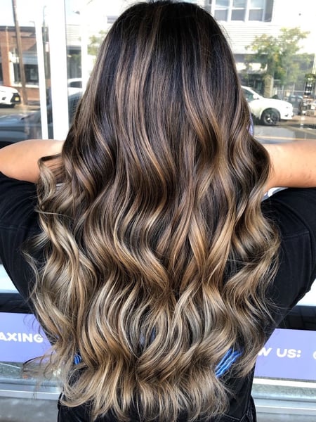 Image of  Women's Hair, Blowout, Hair Color, Balayage, Brunette, Foilayage, Highlights, Hair Length, Long, Haircuts, Layered, Hairstyles, Beachy Waves, Curly