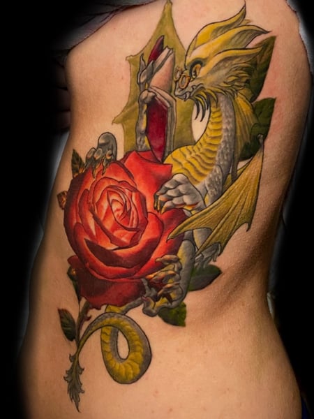 Image of  Tattoos, Tattoo Style, Tattoo Bodypart, Tattoo Colors, Cartoon, Neo Traditional, Under Boob , Rib , Black , Gold, Green , Red, Silver