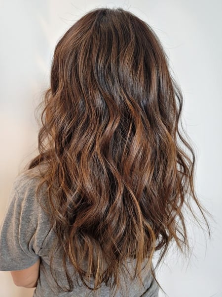 Image of  Women's Hair, Blowout, Hair Color, Brunette, Balayage, Foilayage, Highlights, Hair Length, Medium Length, Long, Haircuts, Layered, Hairstyles, Beachy Waves