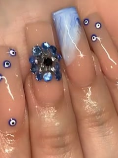 View Nails, Acrylic, Nail Finish, Long, Nail Length, Blue, Nail Color, White, Accent Nail, Nail Style, Hand Painted, Nail Jewels, Mix-and-Match, Stiletto, Nail Shape - Melly Vargas, Allentown, PA