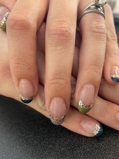 View Nails, Acrylic, Nail Finish, Gel, Short, Nail Length, Blue, Nail Color, Green, Metallic, Gold, Glitter, Clear, French Manicure, Nail Style, Hand Painted, Nail Art, Round, Nail Shape - Grace Thomsen, West Des Moines, IA