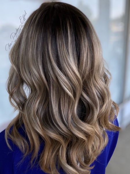Image of  Women's Hair, Balayage, Hair Color, Full Color, Foilayage, Brunette, Blonde, Highlights, Ombré, Shoulder Length, Hair Length, Layered, Haircuts, Beachy Waves, Hairstyles, Curly