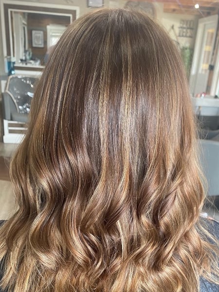 Image of  Layered, Haircuts, Women's Hair, Curly, Bangs, Blowout, Beachy Waves, Hairstyles, Curly, Full Color, Hair Color, Highlights, Blonde, Brunette, Balayage, Foilayage, Medium Length, Hair Length