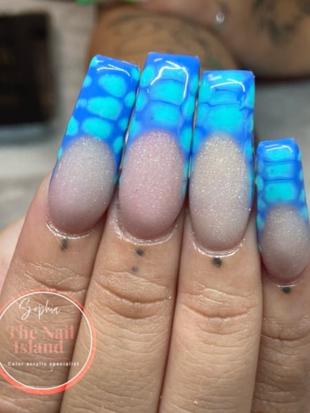 Image of  Nails, Acrylic, Nail Finish, Long, Nail Length, Blue, Nail Color, Hand Painted, Nail Style, French Manicure, Square, Nail Shape