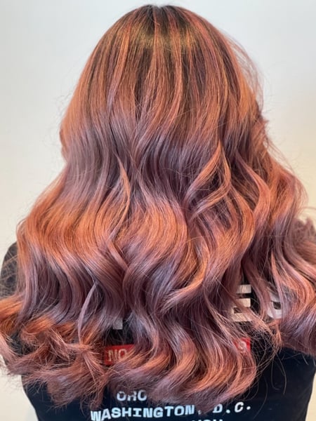 Image of  Women's Hair, Blowout, Hair Color, Balayage, Fashion Hair Color, Full Color, Highlights, Ombré, Red, Beachy Waves, Hairstyle, Curls