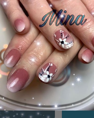 Image of  Nails, Black, Nail Color, Pink, White, Acrylic, Nail Finish, Medium, Nail Length, Almond, Nail Shape, Accent Nail, Nail Style, Hand Painted