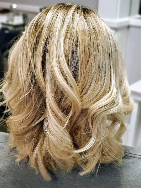 Image of  Curly, Haircuts, Women's Hair, Blunt, Beachy Waves, Hairstyles, Curly, Highlights, Hair Color, Blonde, Balayage