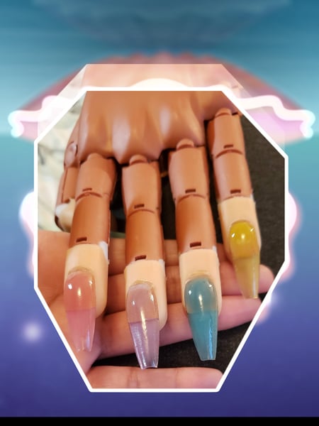 Image of  Nails, Acrylic, Yellow, Blue, Purple, Pink, Coffin, Nail Color, Nail Length, Nail Finish, Long, Nail Shape
