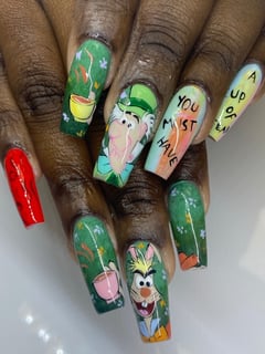 View Nails, Acrylic, Nail Finish, Long, Nail Length, Beige, Nail Color, Black, Blue, Brown, Green, Light Green, Orange, Pastel, Pink, Purple, White, Red, Yellow, Accent Nail, Nail Style, Hand Painted, Mix-and-Match, Nail Art, Square, Nail Shape - Destiny M, Miami, FL