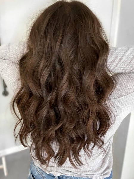 Image of  Women's Hair, Brunette, Hair Color, Color Correction, Medium Length, Hair Length, Curly, Haircuts, Beachy Waves, Hairstyles, Hair Extensions