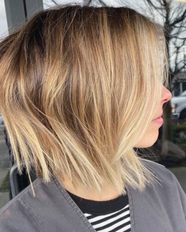Image of  Women's Hair, Balayage, Hair Color, Blonde, Short Chin Length, Hair Length, Blunt, Haircuts, Straight, Hairstyles